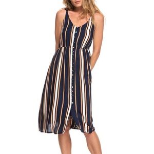 Roxy Summer Dress Sunset Beauty Strappy Midi Dress Blue Stripe Women’s Small